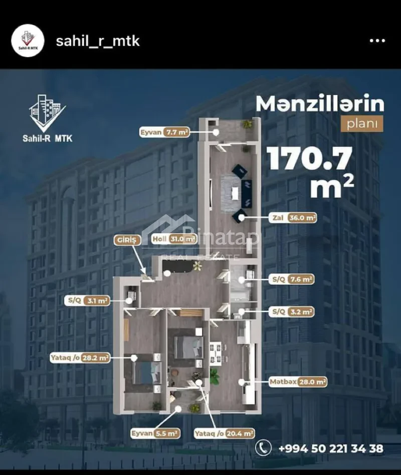 Satılır 3 otaqlı yeni tikili 171 m², 20 Yanvar m. — şəkil 17