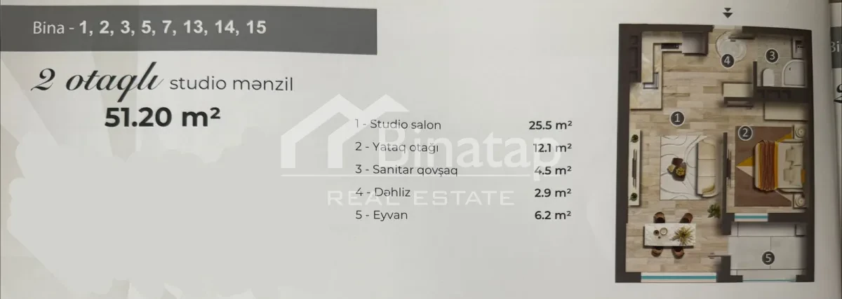 Satılır 2 otaqlı yeni tikili 51.20 m², Sumqayıt mərkəz r. — şəkil 14